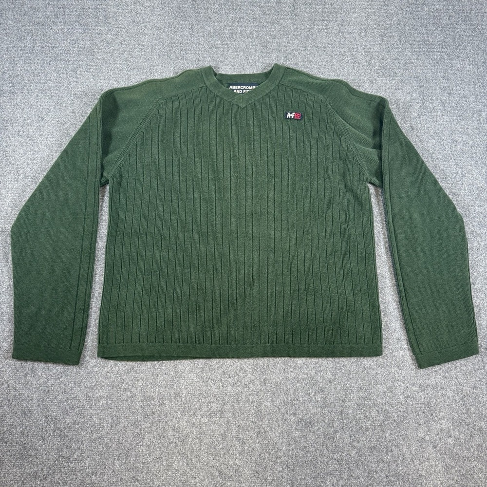 Abercrombie Fitch Sweater Mens Large Green V Neck Ribbed Y2K Classic Long Sleeve
